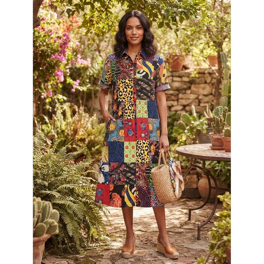 Orientique Shirt Dress Womens XL Multicolor Boho A-Line Cotton Midi Pockets
